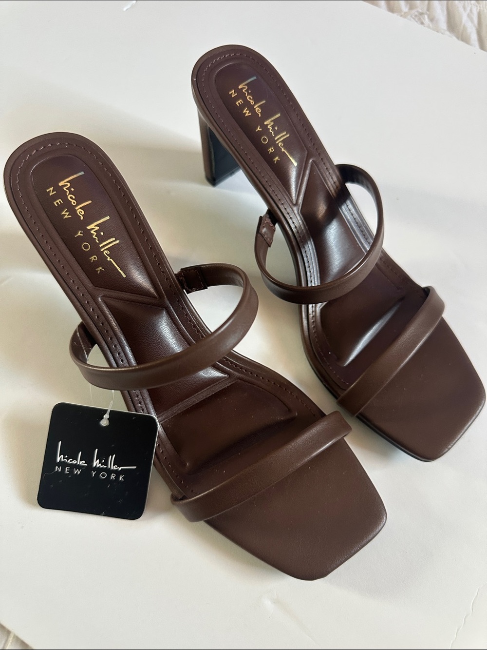 Nicole Miller Dark Brown Double-Strap Square-Toe Heels